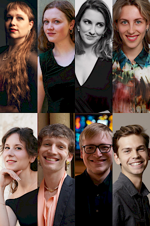 Maija Rautasuo, Mari Aschehoug, Josefine Mindus (foto Clara Evens) och Antonia Ortner (foto Erkan Simsir), Lucija Ercegovac, Virgile Pellerin, Martin Höhler (foto Jakob Guntermann) och Lucas Zueh.